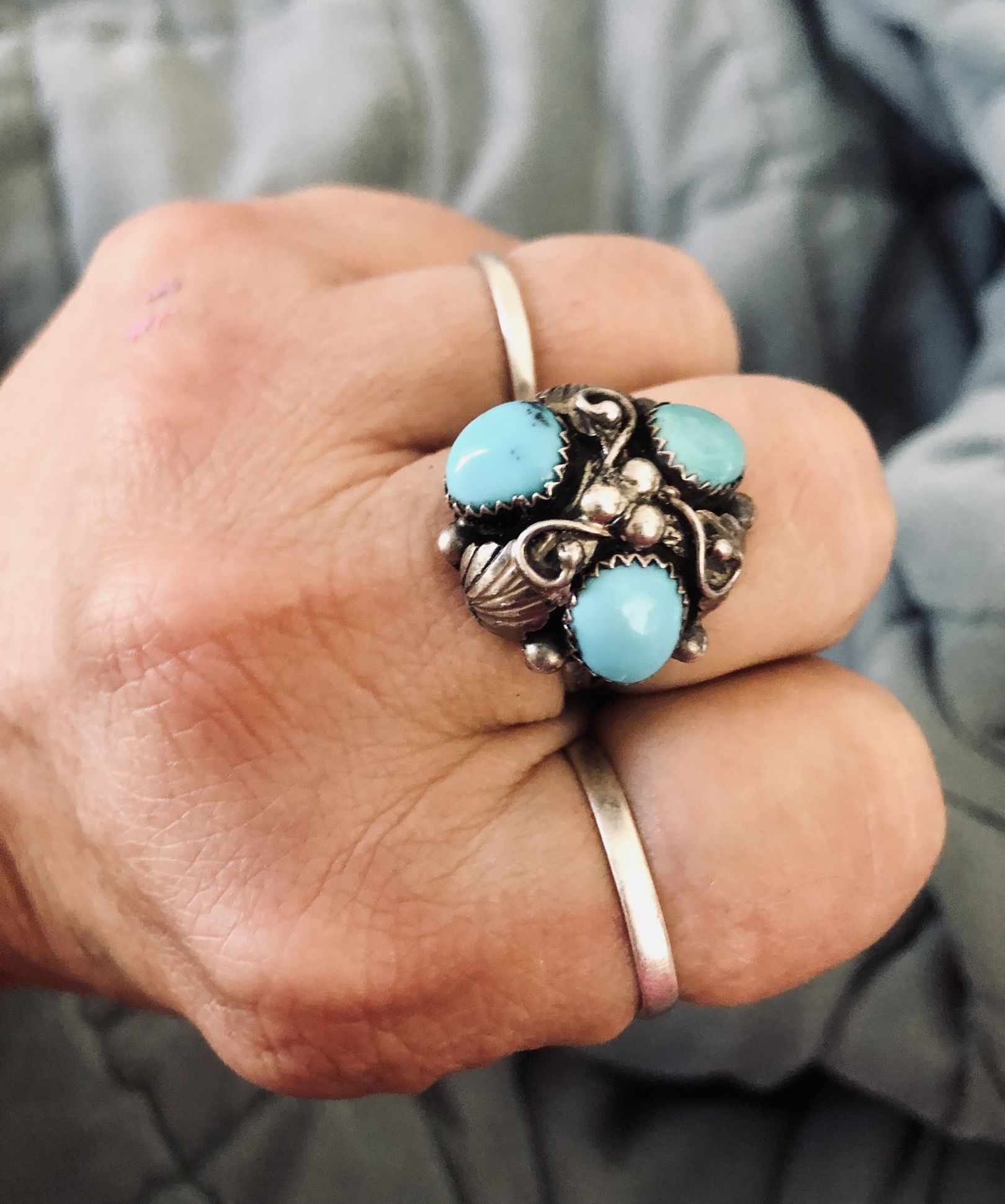 Navajo Handcrafted Turquoise & Sterling Cluster Ring Sz 8.5
