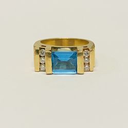 Vintage 14K Yellow Gold Blue Topaz & Diamond Ring Hallmarked MD