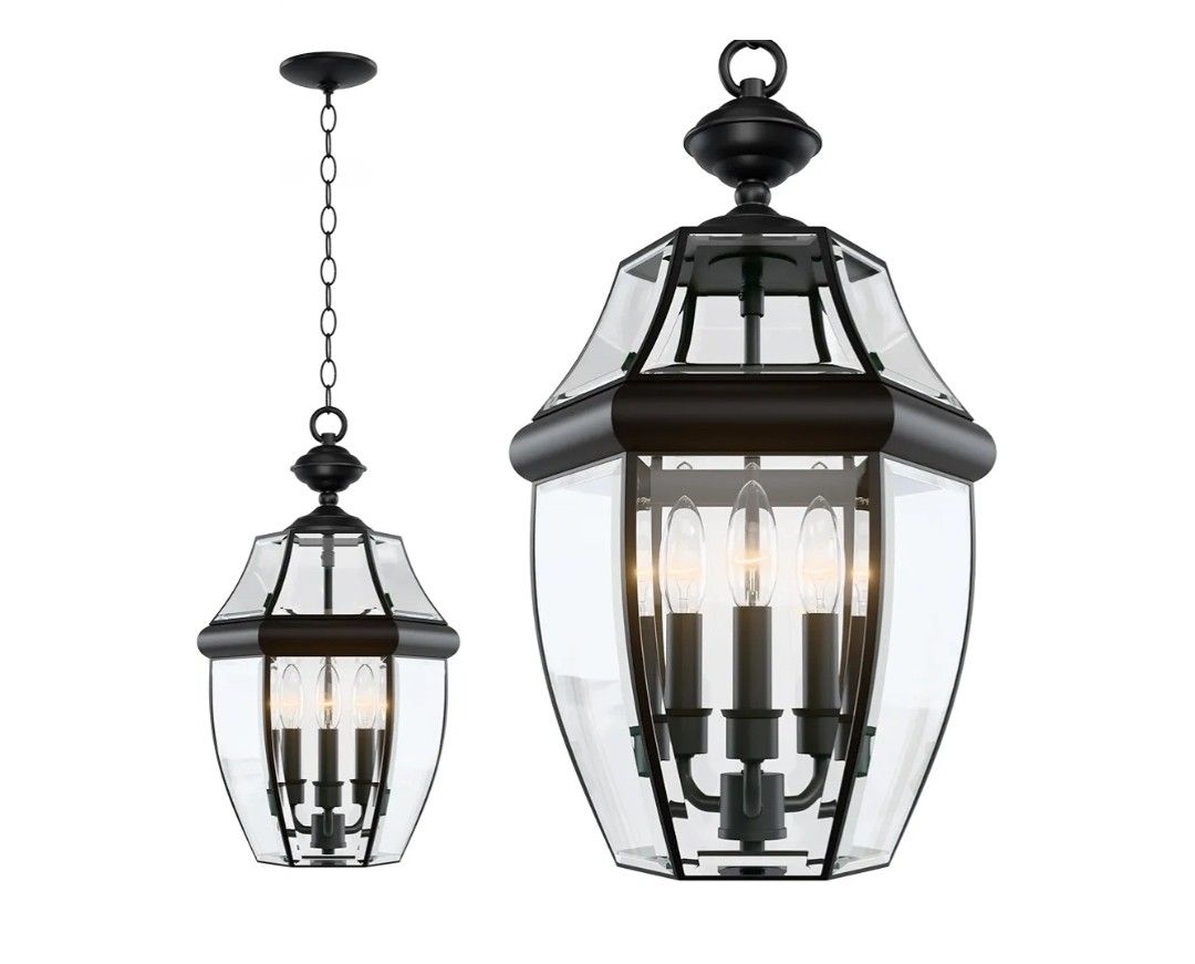 0400: New Large Outdoor Pendant Light Fixture 3-Light, 20in Modern Black Outdoor Chandelier Hanging Porch Light, Metal Exterior Ceiling Mount Hanging