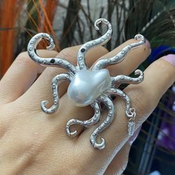Large Octopus Baroque Pearl Chunky Bohemian Open Adjustable Ring For Women 