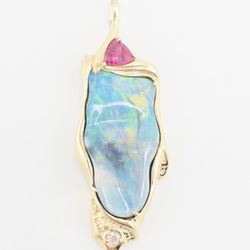 14k gold Australian opal, rubellite tourmaline, and diamond pendant 