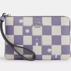 Coach Corner Zip Wristlet With Checkerboard Print