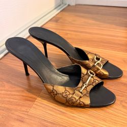 Gucci metallic gold monogram mule heels