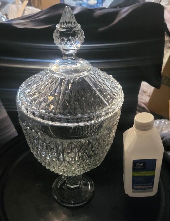 Vintage Clear crystal glass pedestal candy dish with a lid, featuring a diamond point pattern.