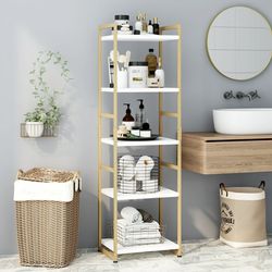 5 Tier Gold and White Bookshelf, Tall Freestanding Storage Shelf with Metal Frame for Living Room