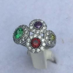 Elegant Silver Ring With Colorful Gemstones & CZ Accents Jewelry, Size 6 1/4