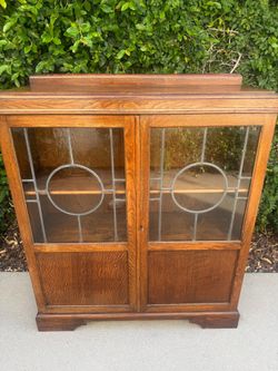 Antique Arts & Crafts Mission Oak Leaded Glass Bookcase/Display Cabinet