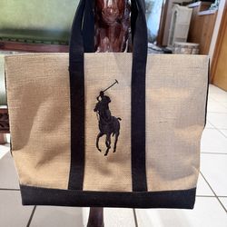 Polo Ralph Lauren large burlap and black canvas tote bag with a big pony logo.