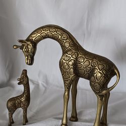 Mid Century Brass Mama And Baby Giraffe Statues