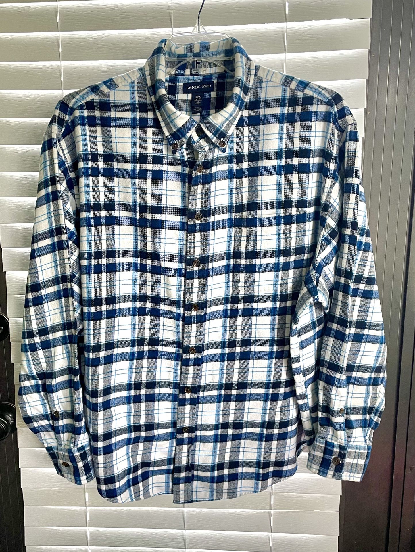 Lands' End Plaid Flannel Shirt - Blue and White - 3XL Traditional Fit (19-19.5)