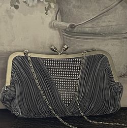 Vintage Silver Gray Pleated Gray/Silver Sequins Chained Clutch/Crossbody Purse