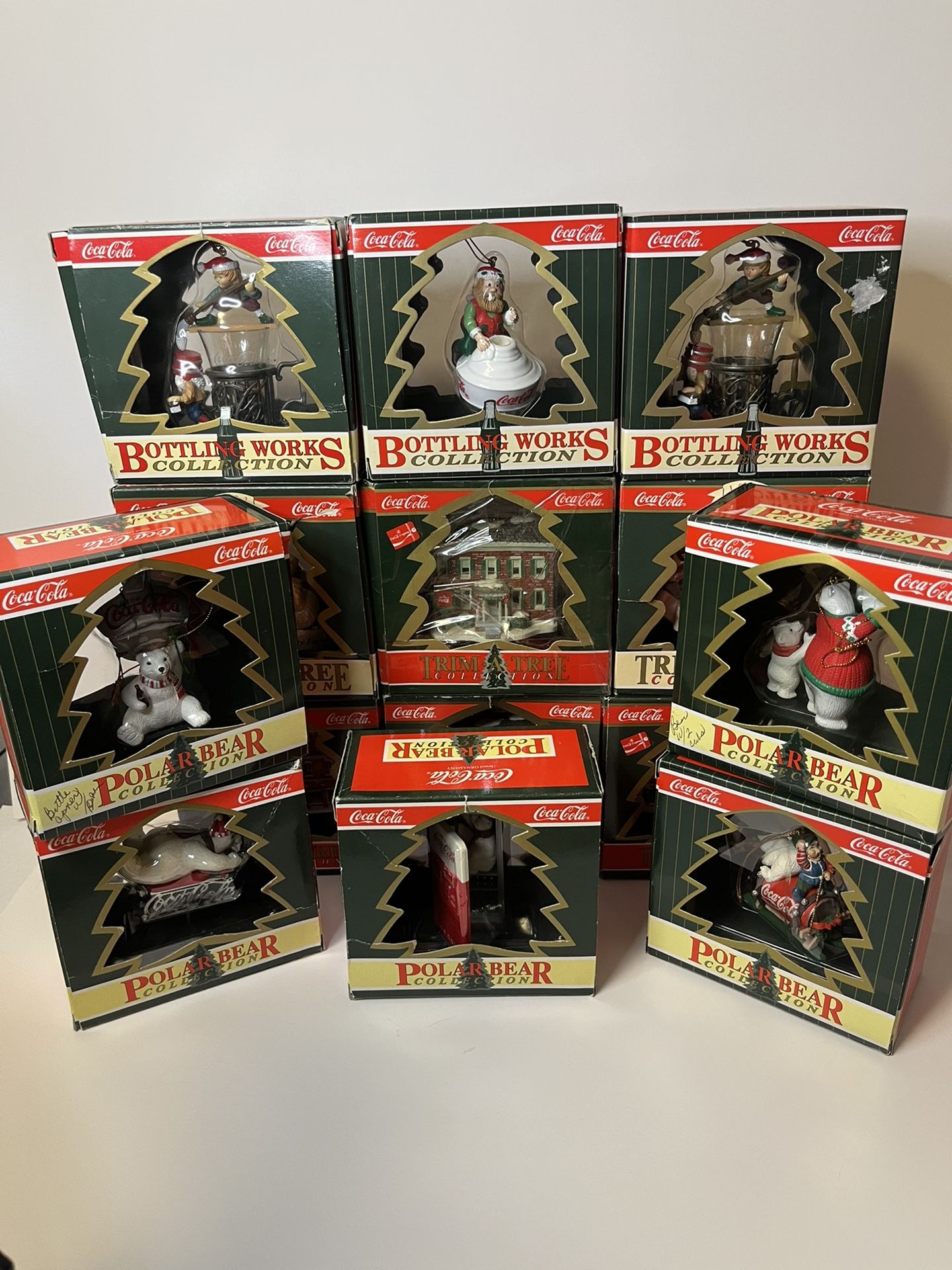 Coca Cola Brand Ornaments : (5) Polar Bear Collection, (6) Trim Tree Collection & (3) Bottling Works Collection. Set Of 14 Pieces