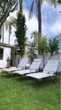 Woodard (3) Rolling Iron Chaise Lounge Patio Set + Cushions