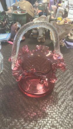Vintage Fenton Cranberry Basket Glass Clear Handle Ruffled Edges Floral design