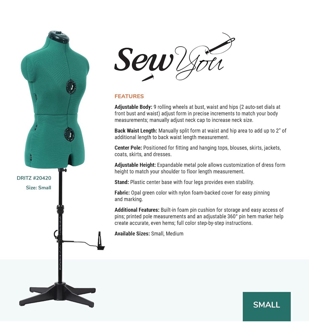 Dritz Sew You Adjustable Dress Form, Small, In Opal Green