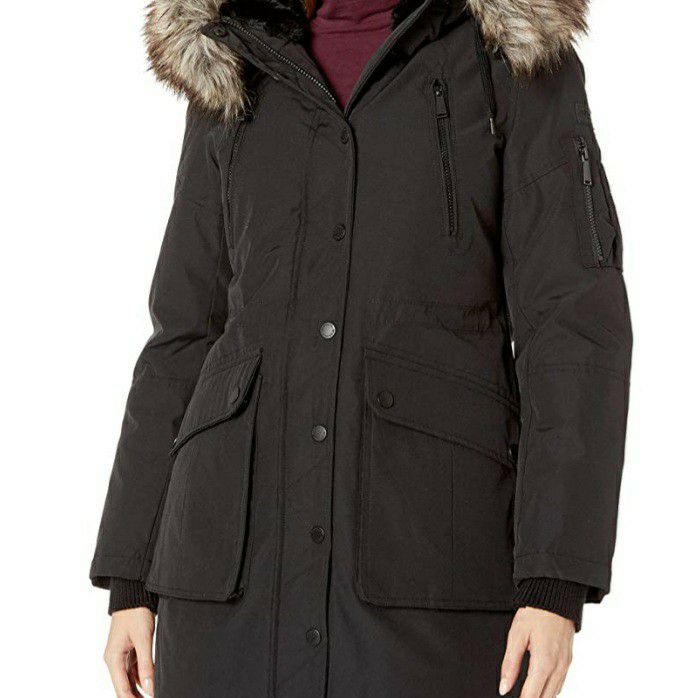BCBGeneration Faux-Fur-Trim Hooded Water-Resistant Anorak Parka in Black