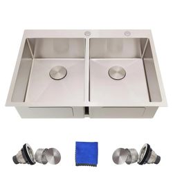 33x22 Drop In Kitchen Sink Double Bowl, Delironexu 33 Inch Top Mount Kitchen Sink, 16 Gauge 304 Stainless Steel Double Kitchen Sink, 50/50 Bowl with A