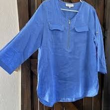 Jones NY Blue Linen Quarter Zip Popover Blouse Top Women's Size M Medium Shirt Tee T