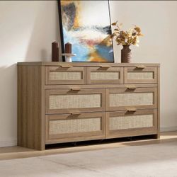 7 Drawer Dresser for Bedroom, 57" Wide Rattan Dressers, Large Chest of Drawers for Bedroom, Dresser