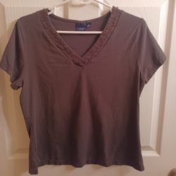 Brown V-Neck Top With Copper Colored Embellishments 