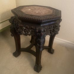 Carved Vase Table Antique Chinese Teak Marble Top C. 1(contact info removed)
