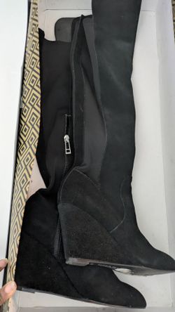 Black suede over-the-knee wedge boots - Size 6M
