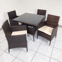 New in Box $250 (5pcs) Wicker Dining Set Outdoor Patio Furniture 35x35” Glass Table with Umbrella Cutout, 4 Chairs 