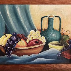 MCM Still Life with Fruit Oil Painting, Mid Century Framed Art, Fruit Art, Kitchen Wall Art, Gallery Wall Art, Artist Signed