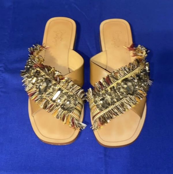Women’s Sandals Crown Vintage Somaya Slip On Tassel Fringe Bejeweled Multicolored Sandals Sz 61/2 must pick up