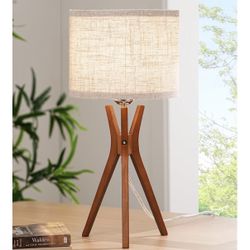 New Mid Century Table Lamp, 17.5" Tripod Bedside Lamp with Deep Wood Color Light Base & Beige Linen Lampshade, Nightstand Lamp for Bedroom, Livin