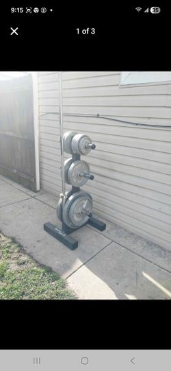 OLYMPIC WEIGHT SET /7FT BAR / CLAMP / TREE STAND 
