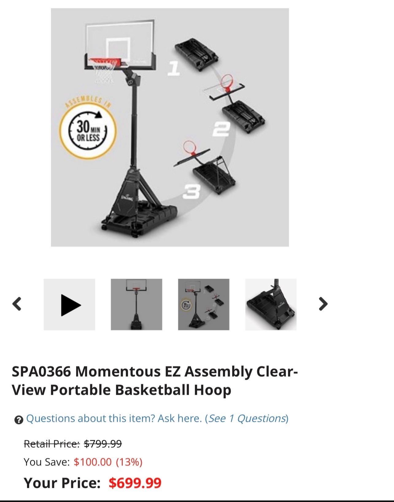 54” Spalding Momentous EZ Assembly Basketball Hoop