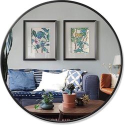 Round Mirror 30" Modern Brushed Metal Frame Wall Mounted Circle Vanity Mirror for Bathroom Living Room - Black