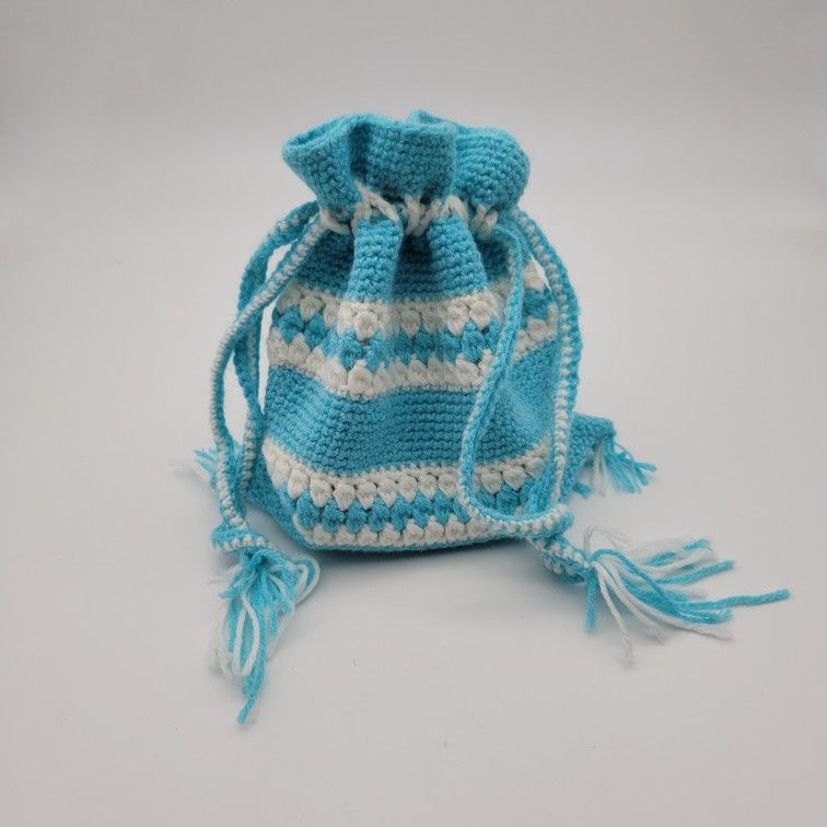 Vintage Fringed Knitted Drawstring Bag In Aqua/Teal Blue And White