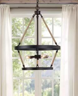 Black Chandelier Drum Candlestick 3-Light Industrial Farmhouse Island Cage Hanging Pendant Light with Ropes
