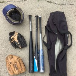 Lot of 3 Kids Bats + 2 Gloves + Helmet 