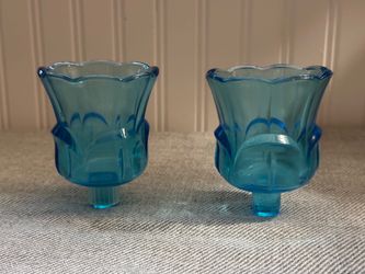 PAIR Vintage 3” Blue Glass Tulip Peg Votive Cup Candle Holders