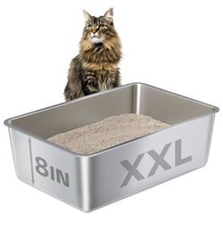 XXL Stainless Steel Litter Box,Metal Cat Litter Box XLarge Easy Clean,Cat LitterBox 8in Gigh Side for Big Cats/Multiple Cats,Non Stick No Smell XXL (2