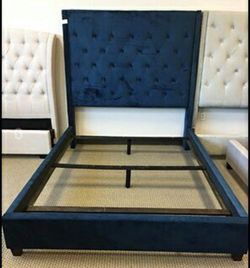 ROYAL BLUE TUFTED QUEEN SIZE BED FRAME NEW