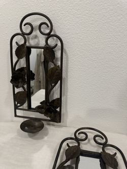Pair of Rose & Leaf Wrought Iron Mirror Candle Sconces