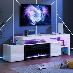 Assembled 73.2 Inch Fireplace TV Stand with Storage,30" Electric Fireplace,LED Entertainment Center Tv Console for 65 70 80"Tv,High Gloss Modern Tv St