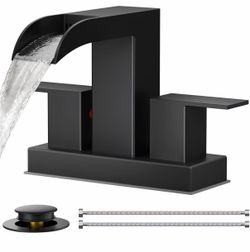 FORIOUS Waterfall Bathroom Faucet 2 or 3 Hole 4 Inch Centerset Matte Black Square Bathroom Sink Faucet 4 Inch Two Handles with Pop-up Drain and Supply