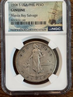 1908-S Philippines Peso NGC Genuine Manila Bay Salvage Shipwreck Coin
