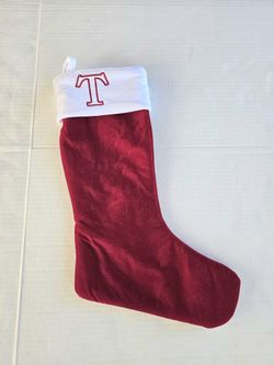 Hanging Christmas Stocking Plush Red Velvet With Initial "T" Monogram 18" NWOT