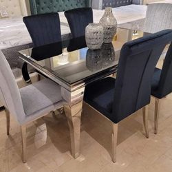 Carone Rectangular Glass Top Dining Table Black And Chrome and 6 Chairs 