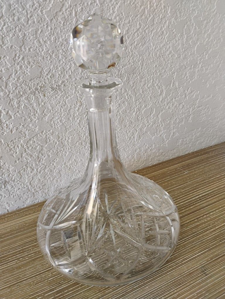 Vintage Cut Glass Crystal Decanter Wide Bottom
Great Quality Heavy Glass 
11" Tall x 7.50" Wide Bottom 

