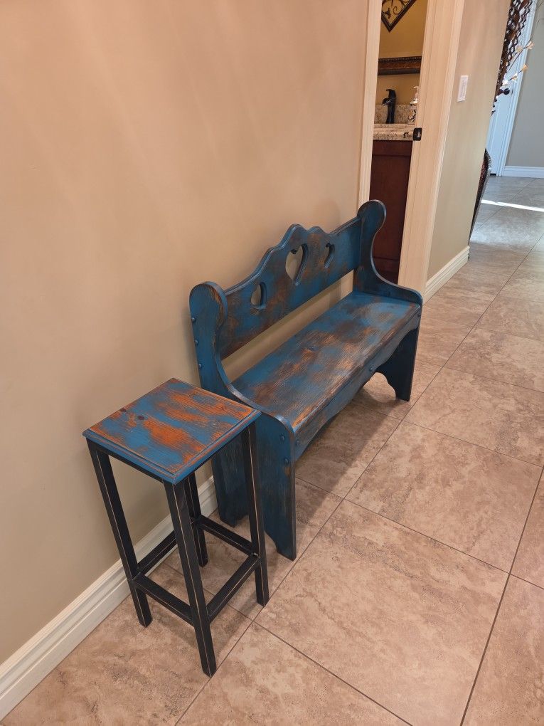 Rustic Cobalt Blue Bench And Side Table