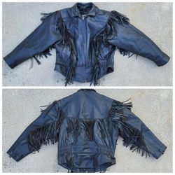 Vtg Unik Fringe Leather Motorcycle Jacket w/ Cinched Waist