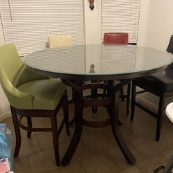 High top Wood Dining Room Table Wi  The Glass Top Cover And 4 Leather Chairs 