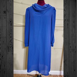 Vintage 1970's Nancy Steven's Blue Sheer Cowl Neck Dress with Red Stripes / Made in the USA